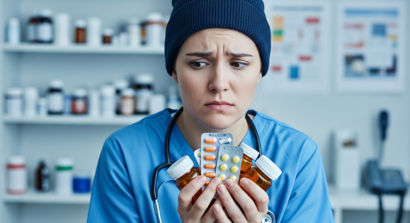 여러 약병을 들고 약물 부작용에 대해 고민하는 사람의 모습.
