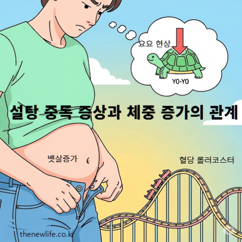 "설탕 중독 증상으로 인한 뱃살 증가와 혈당 변동, 요요 현상을 표현한 일러스트"