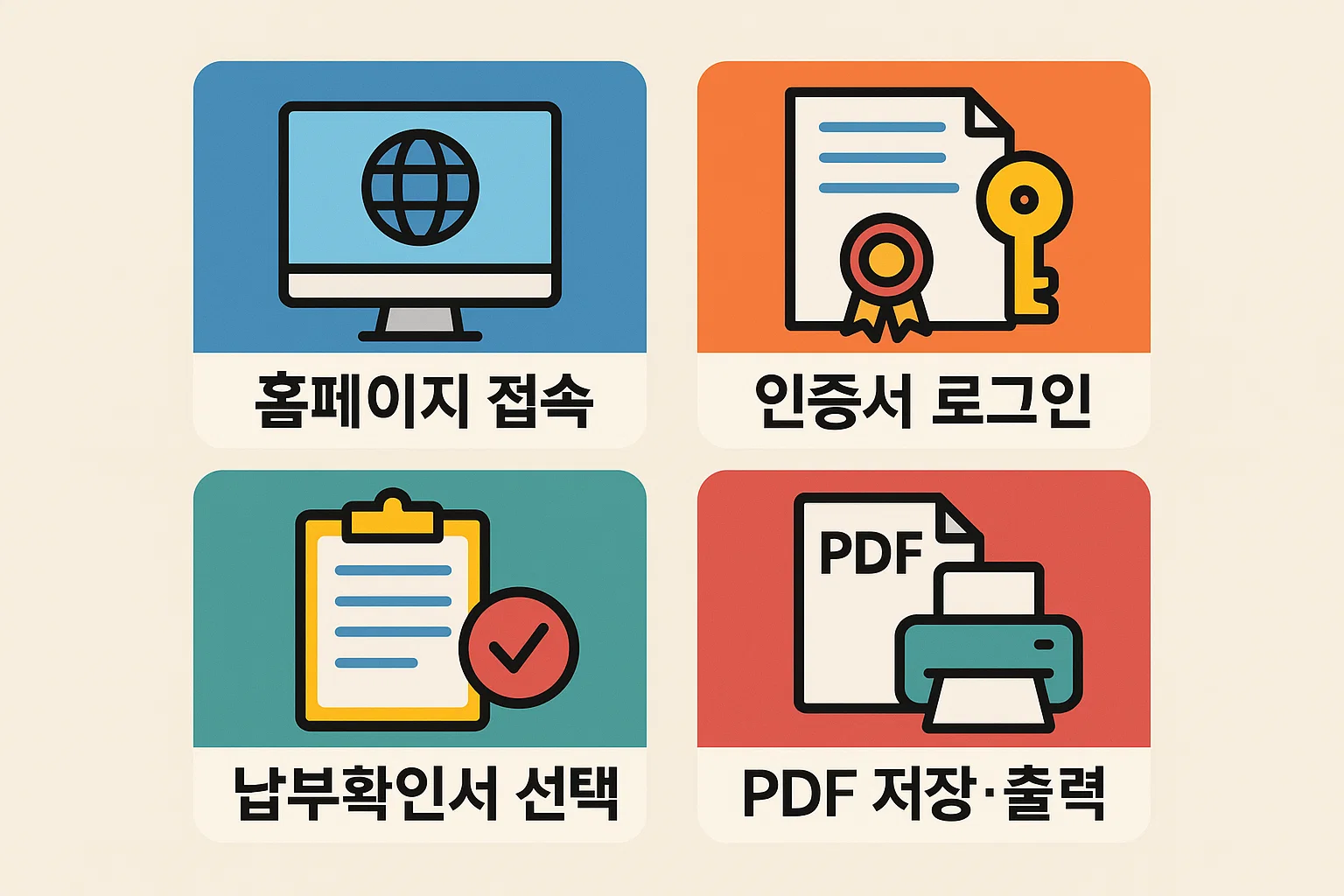 국민건강보험공단 홈페이지에서 건강보험 납입확인서를 PC로 발급하는 방법과 인증서 로그인부터 PDF 저장까지의 흐름을 설명한 이미지입니다