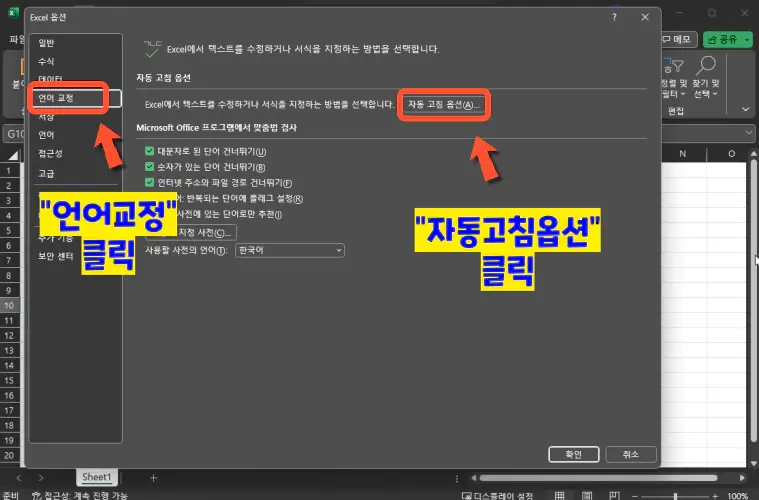 액셀-옵션-언어교정
