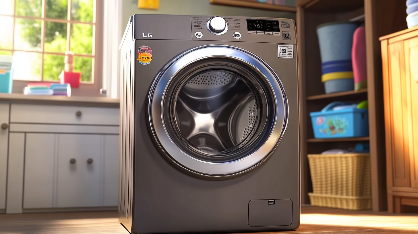 다용도실에 배치된 LG 트롬 세탁기의 견고한 제조와 고급 인버터 기술을 보여주는 클로즈업 이미지