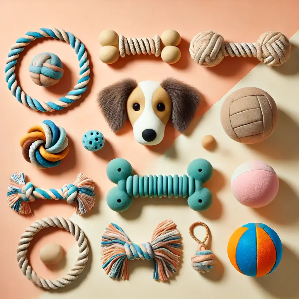 씹기용 장난감, 로프, 공 등 강아지 놀이용 안전한 장난감이 깔끔하게 정돈된 이미지