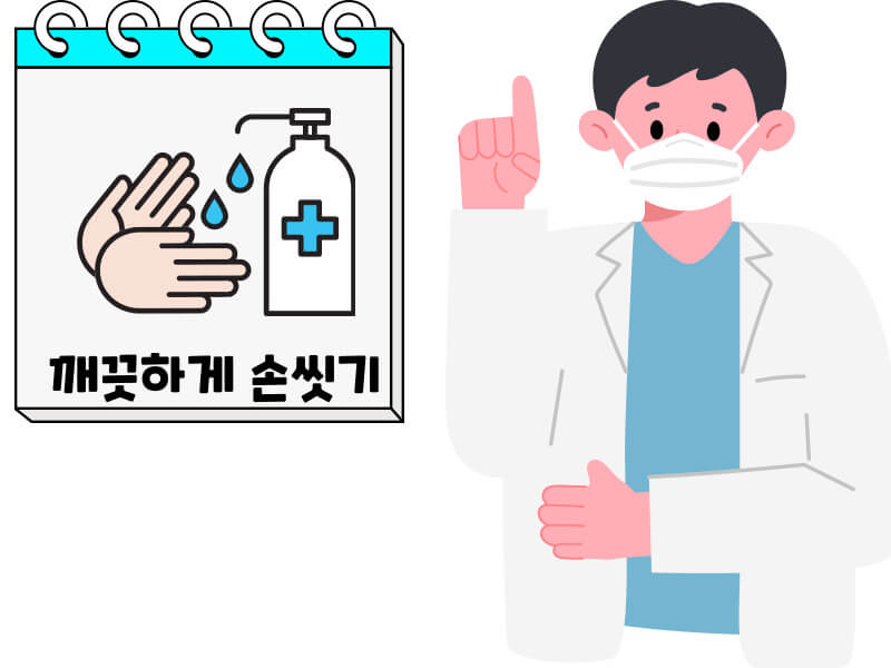 손을 씻고 있는 손과 마스크를 착용한 남자의 일러스트로, 청결과 예방 수칙의 중요성을 강조