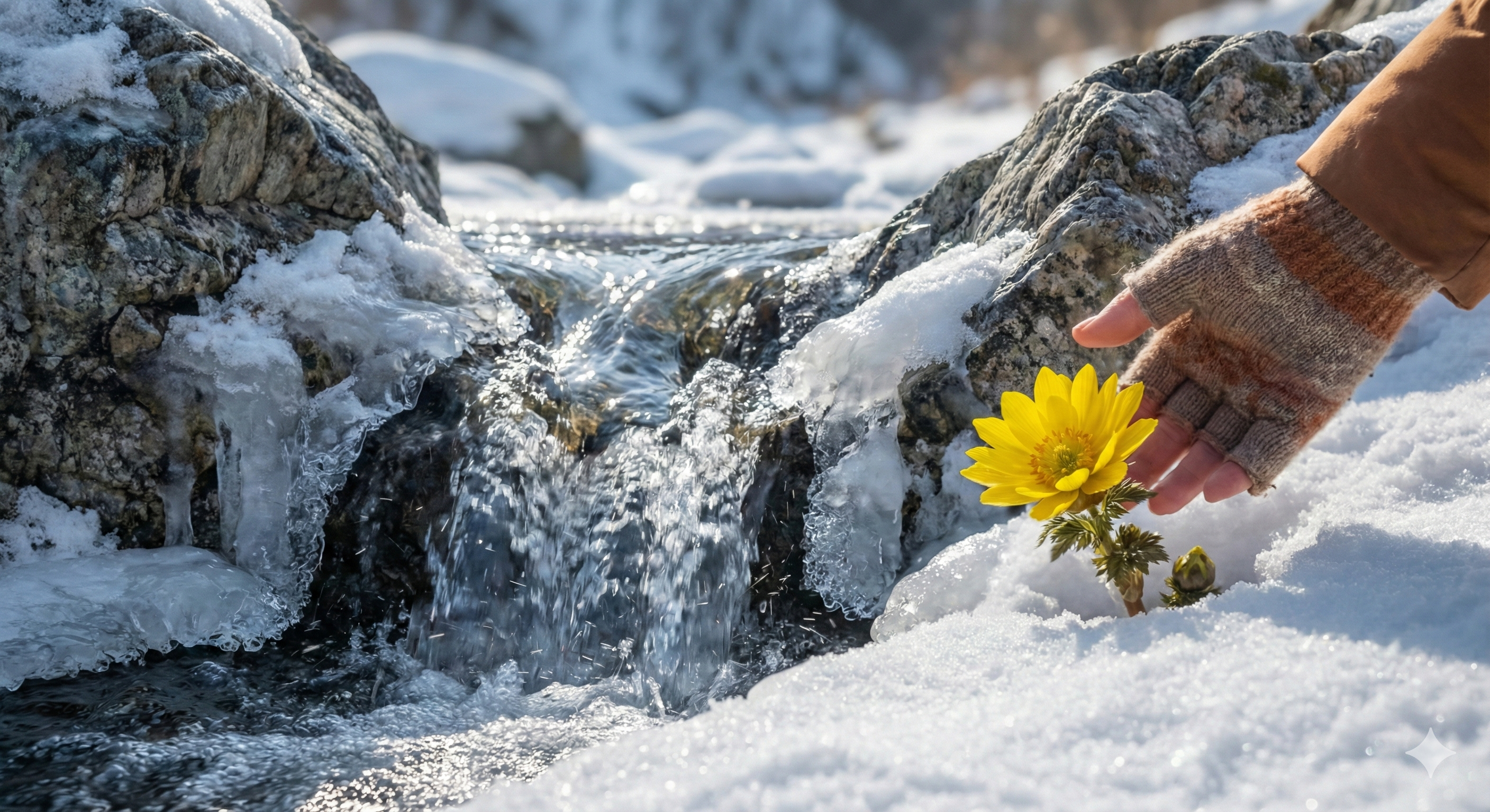 얼어붙은 계곡에서도 멈추지 않는 물줄기와 생명을 보듬는 손길