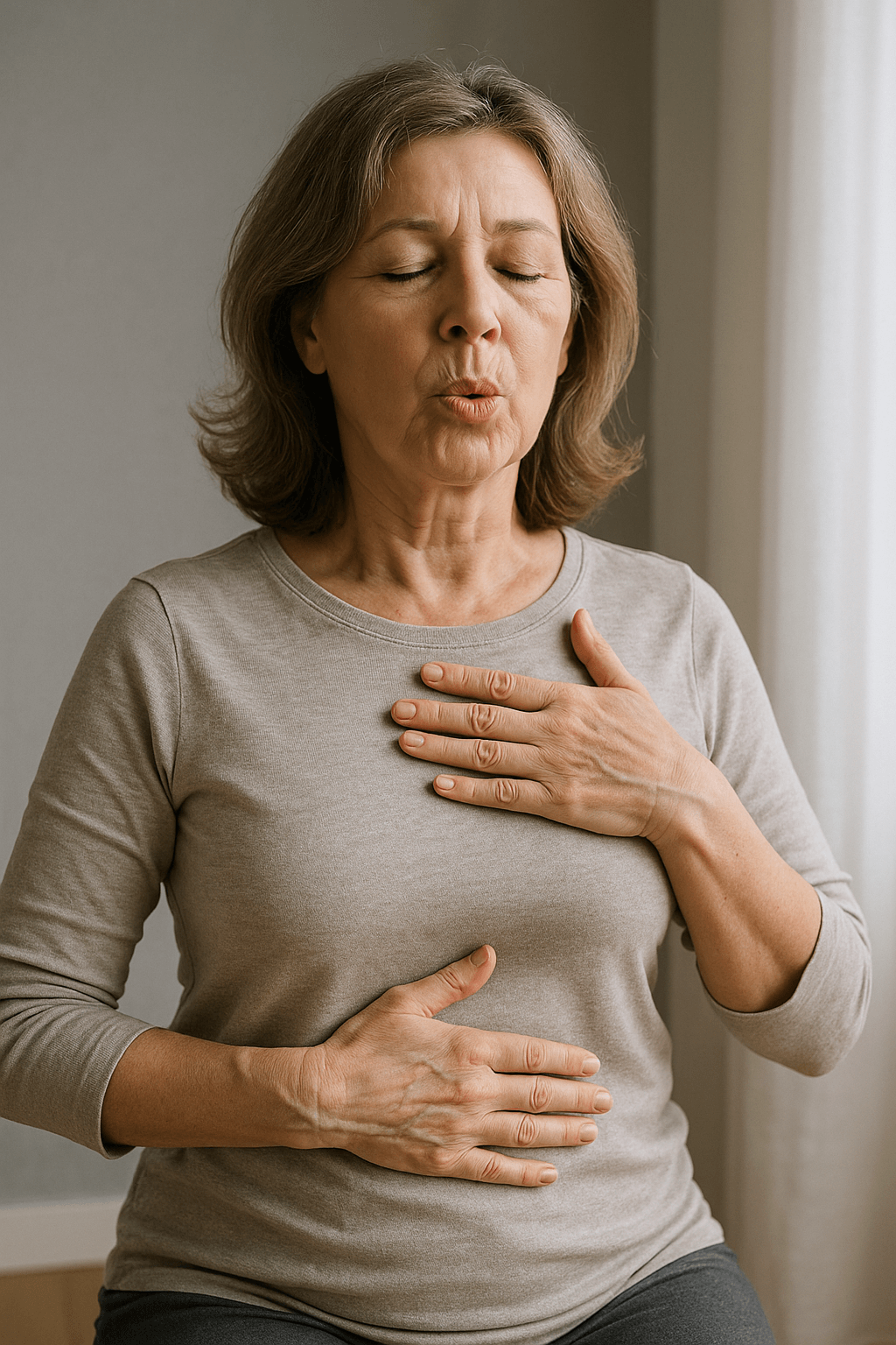 복식 호흡하는 중년 여성의 모습