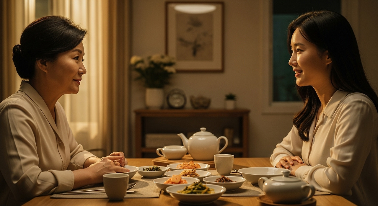 저녁 식탁에서 서로 눈을 마주하며 미소 짓는 시어머니와 며느리, 따뜻한 대화를 나누는 한국 가정의 장면