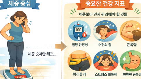 체중계 대신 혈당, 수면, 근육 등 다양한 건강 지표를 보여주는 이미지