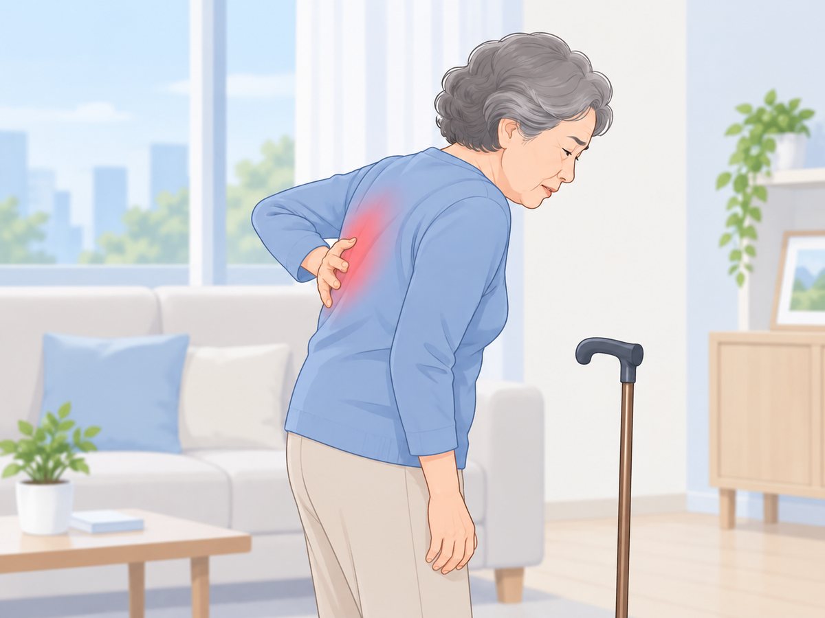 거실에서 허리를 굽힌 채 손으로 등을 짚고 지팡이 옆에 선 등 통증 고령 여성