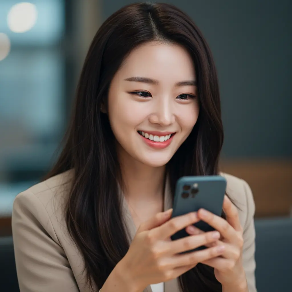 민생지원금을 받고 미소짓는 여성 이미지