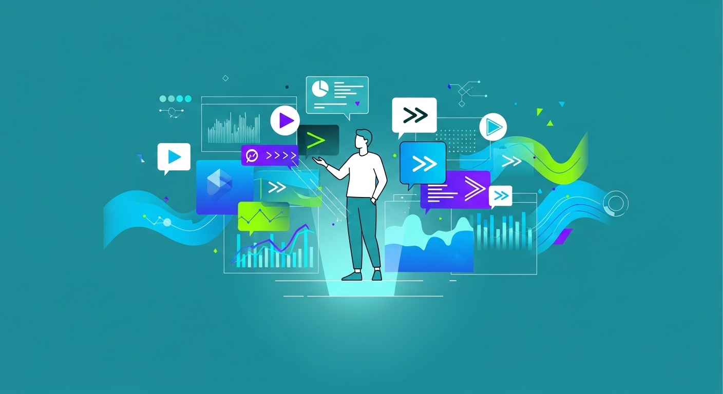 넷플릭스를 똑똑하게 즐기는 방법을 시각화한 이미지, 사용자가 디지털 인터페이스를 통해 다양한 콘텐츠를 탐색하는 모습.