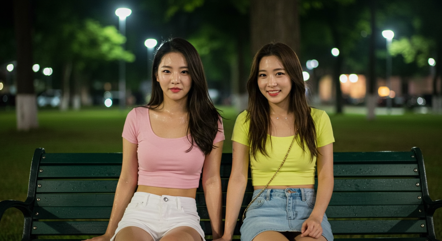 무더위에 공원 벤치에 앉아 땀흘리는 두 여자