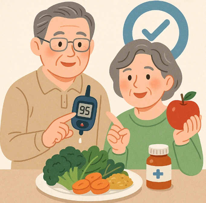 건강식과 적절한 약물치료로 혈당이 정상 수치로 돌아와 행복해하는 할머니와 할아버지가 있는 사진