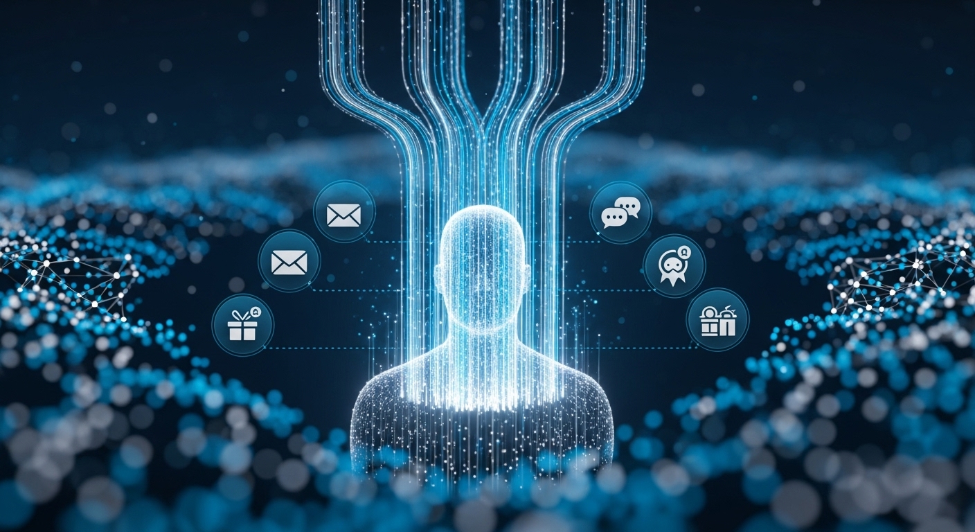 AI 기반 CRM 툴이 고객 데이터를 분석하여 개인화된 이메일, 챗봇, 제품 추천 등 맞춤형 고객 경험을 제공하는 모습을 시각화한 이미지.