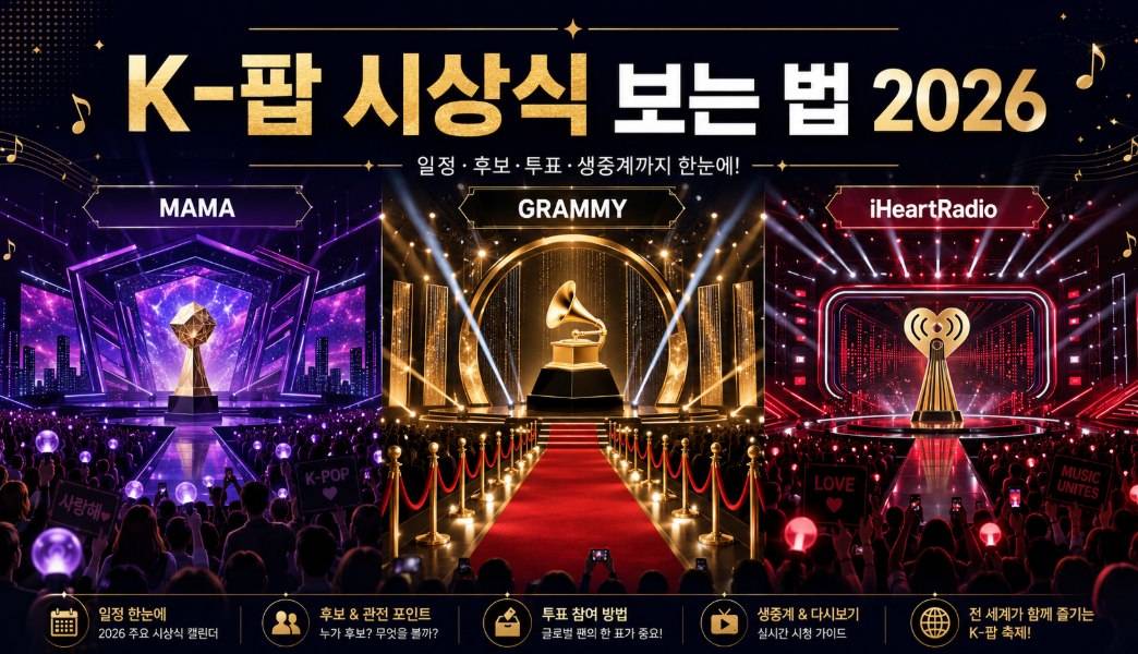 K-팝 시상식 보는 법 2026 MAMA 그래미 아이하트라디오 뮤직 어워즈 차이를 소개하는 이미지