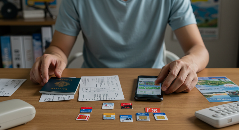 출국 전 여행 서류와 앱, 현지 심카드를 꼼꼼히 정리하는 모습.