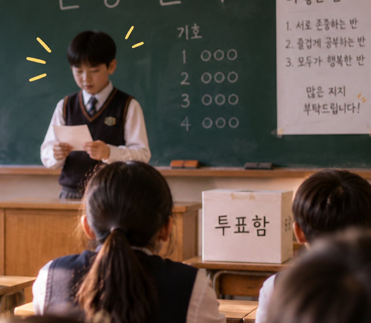 반장 선거 결과가 나오기를 기다리며 칠판과 후보를 바라보는 교실 학생들