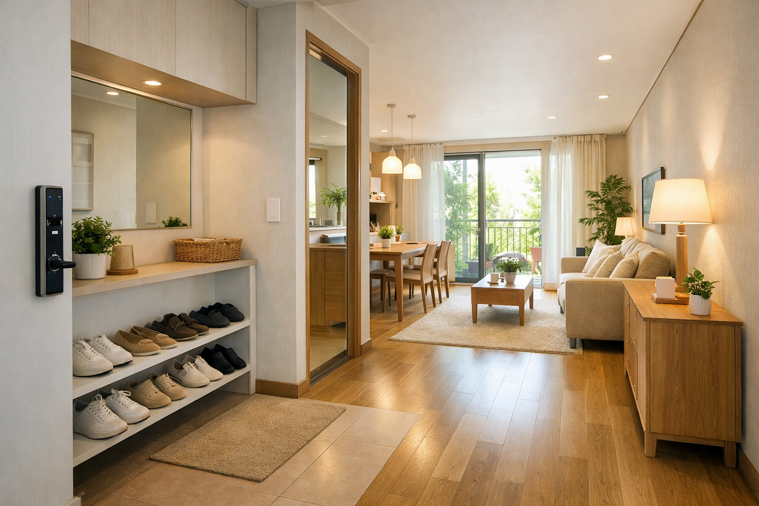 정돈된 집 안 현관과 거실 풍수 인테리어 모습