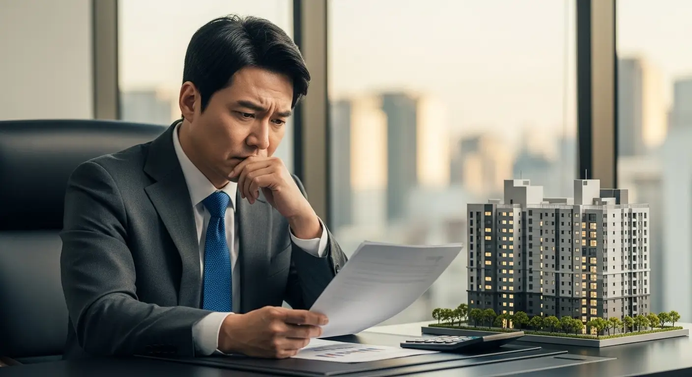 법인 대표가 아파트 모형과 계산기를 앞에 두고 복잡한 세금 문제로 고민하는 모습