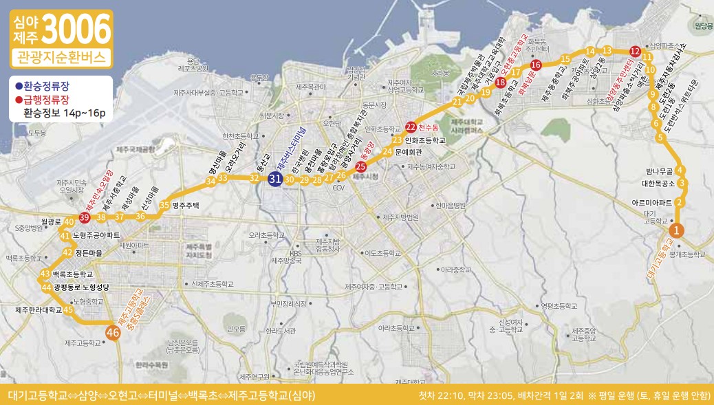 제주도 버스노선 - 관광지순환버스 810-1, 810-2, 820-1, 820-2, 820-3, 서귀포시티투어880, 심야버스3001, 3002, 3003, 3004, 3005, 3006, 3007, 3008