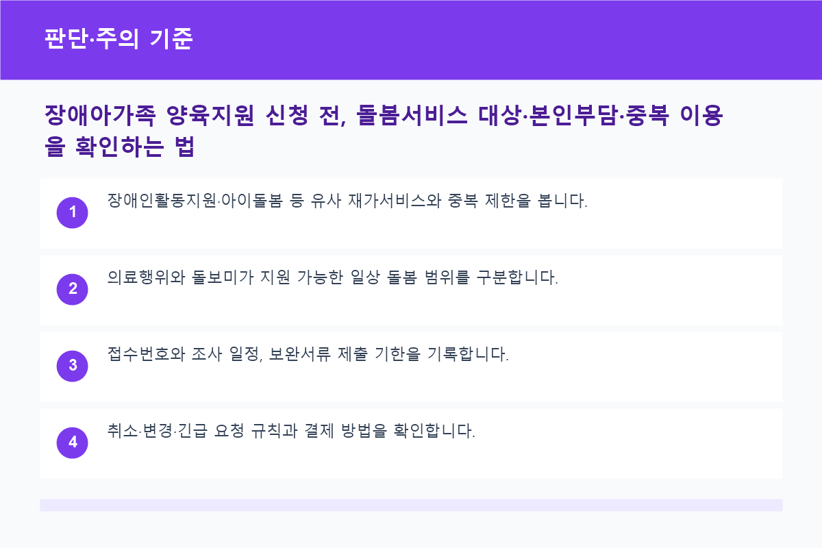 장애아가족 양육지원 신청 전, 돌봄서비스 대상&middot;본인부담&middot;중복 이용을 확인하는 법 판단&middot;주의 기준 정보 이미지