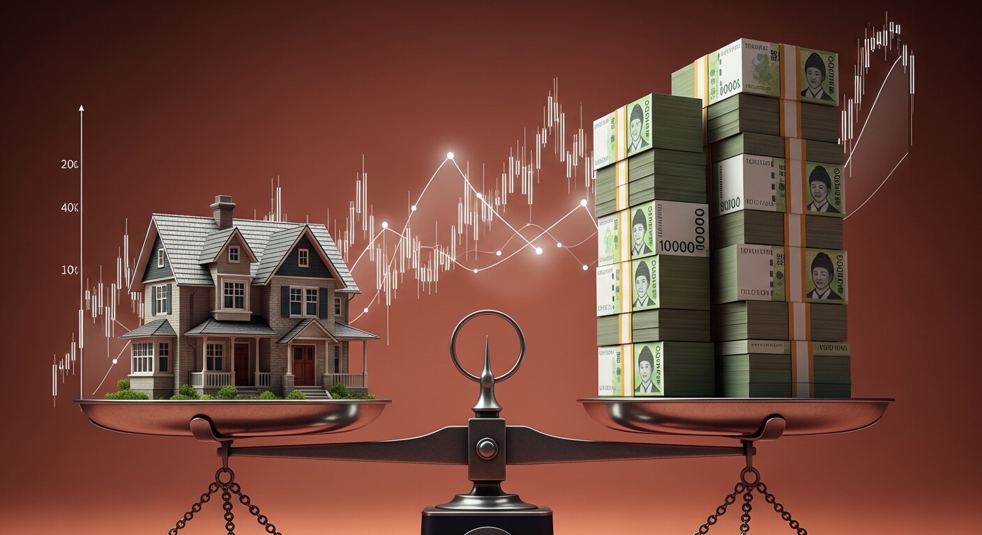 양팔저울위에 집과 현금다발이 균형을 맞추고 올라가 있다