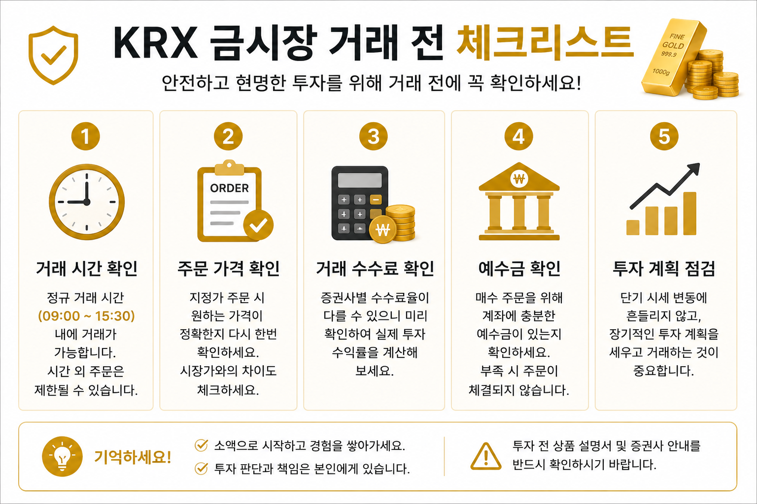 KRX 금시장 거래 전 확인해야 할 체크리스트를 정리한 인포그래픽