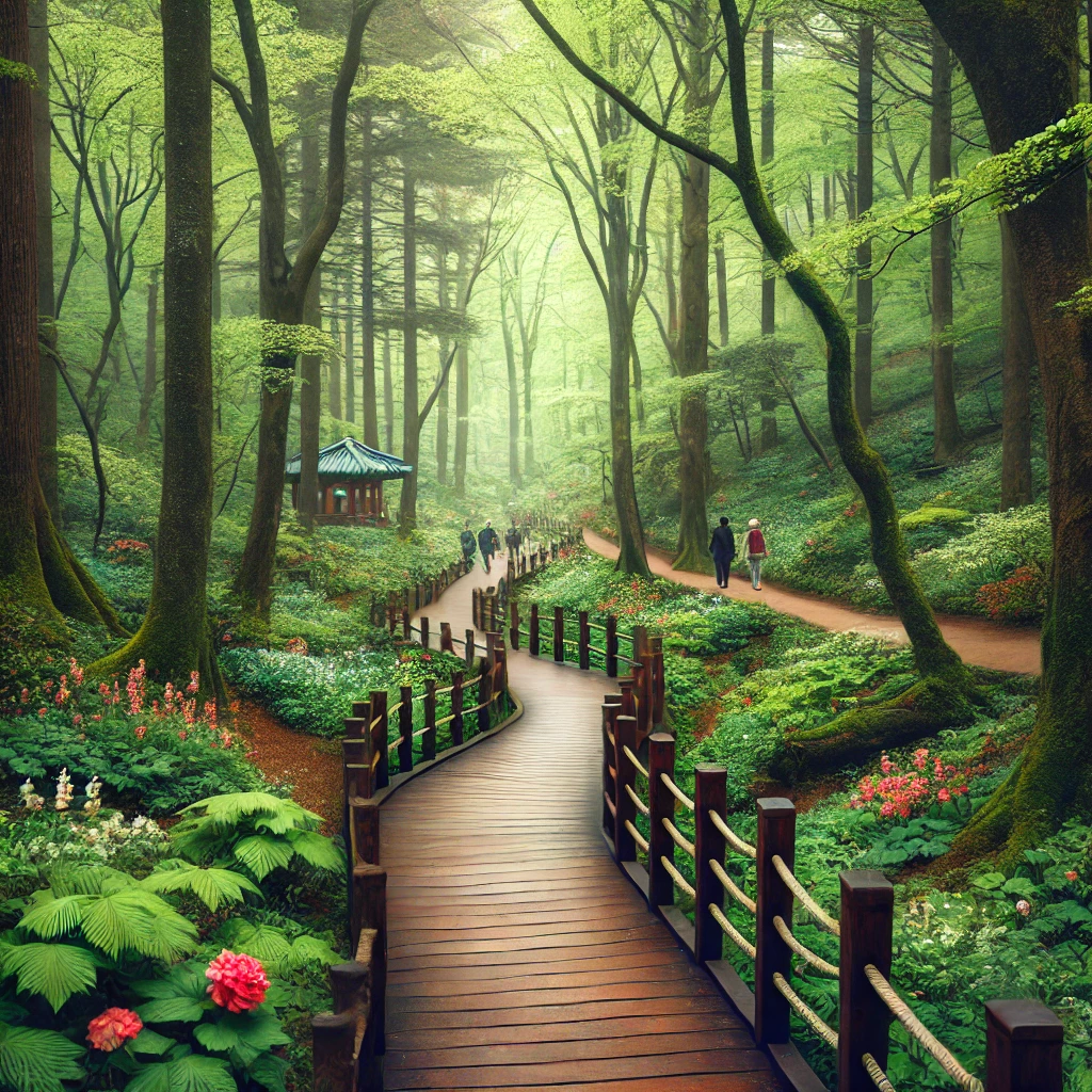 숲, 나무, 꽃이 있는 풍경 사진