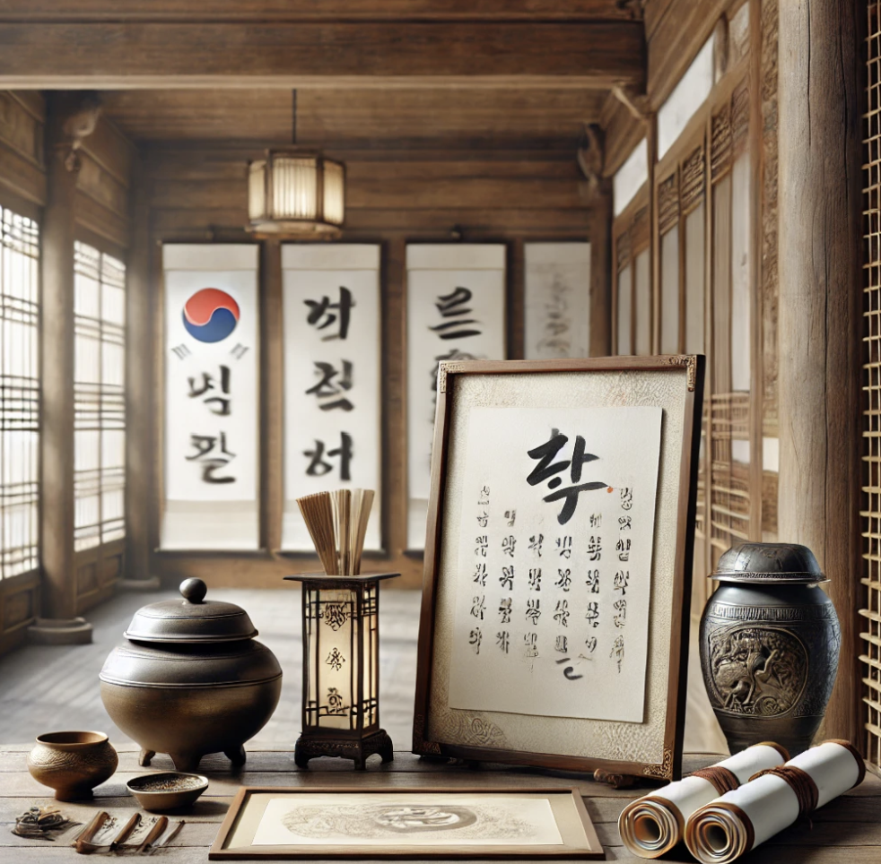 한옥에 전시된 서화와 골동품들