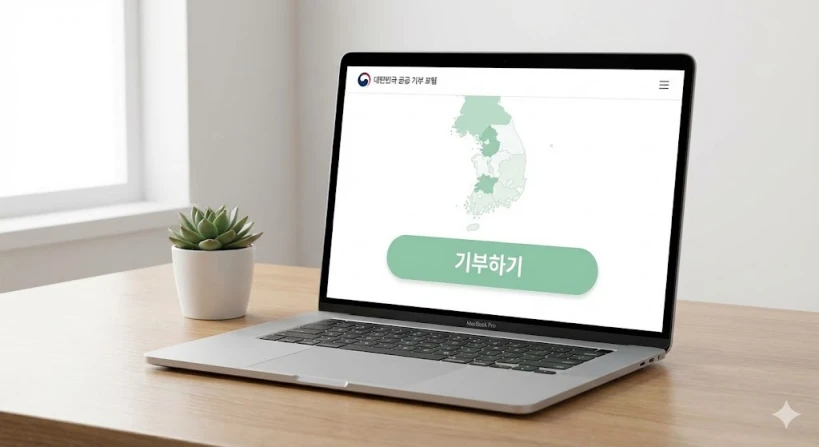 노트북 화면에 '고향사랑e음' 사이트가 띄워져 있는 모습의 목업 이미지입니다. 대한민국 지도와 함께 '기부하기' 버튼이 강조된 직관적이고 깔끔한 웹사이트 디자인을 보여주며, 온라인으로 쉽게 신청할 수 있음을 나타냅니다.