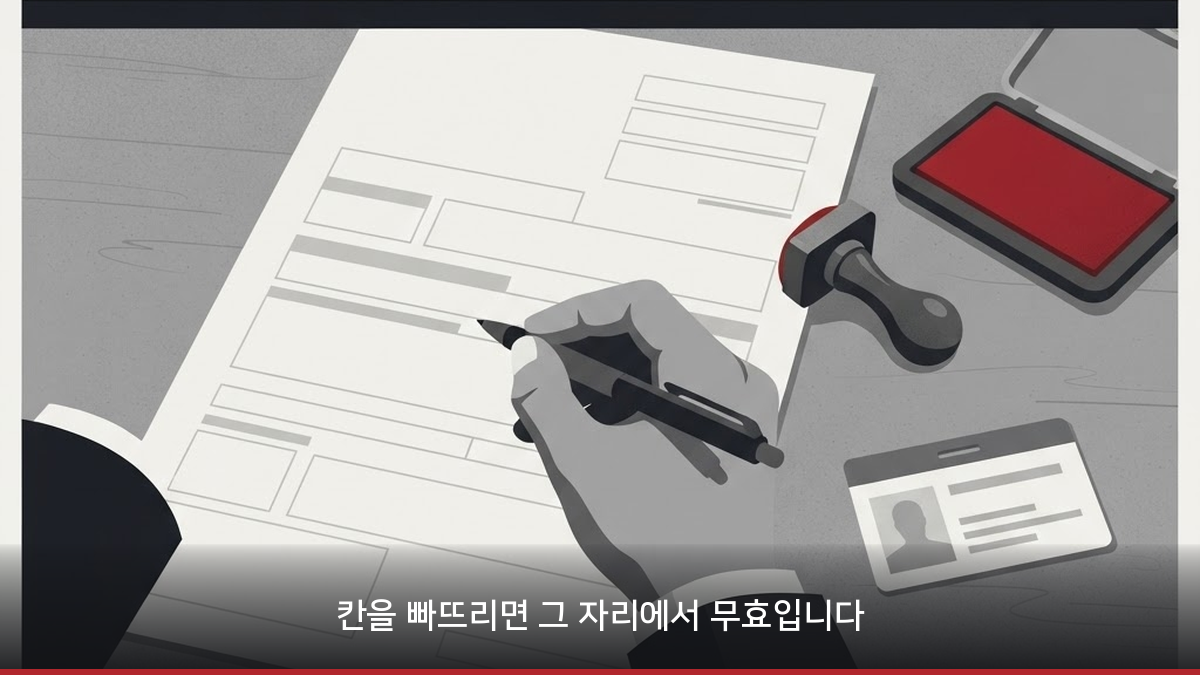 기일입찰표를 볼펜으로 작성하는 장면