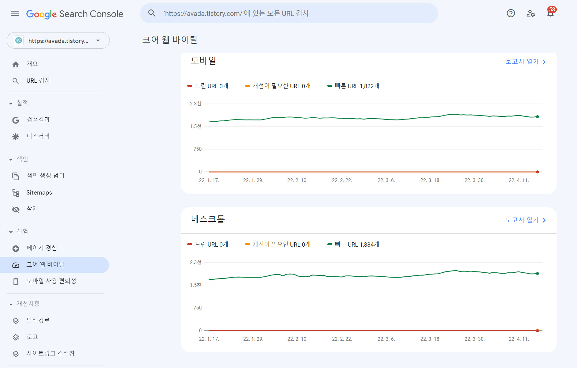 티스토리 블로그 코어 웹 바이탈 보고서