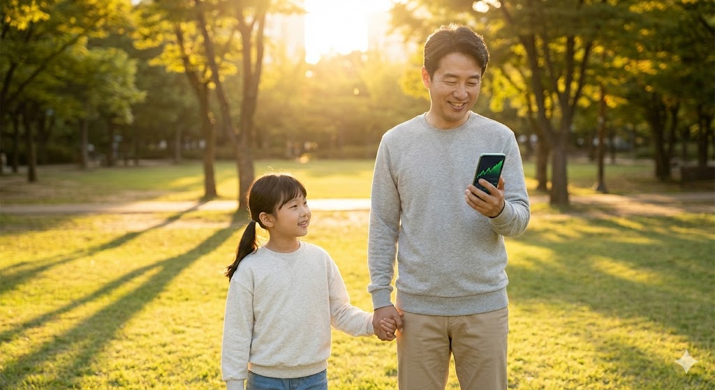 평화로운 공원에서 아이와 함께 산책하며 스마트폰으로 우상향하는 계좌를 보고 미소 짓는 아버지의 모습