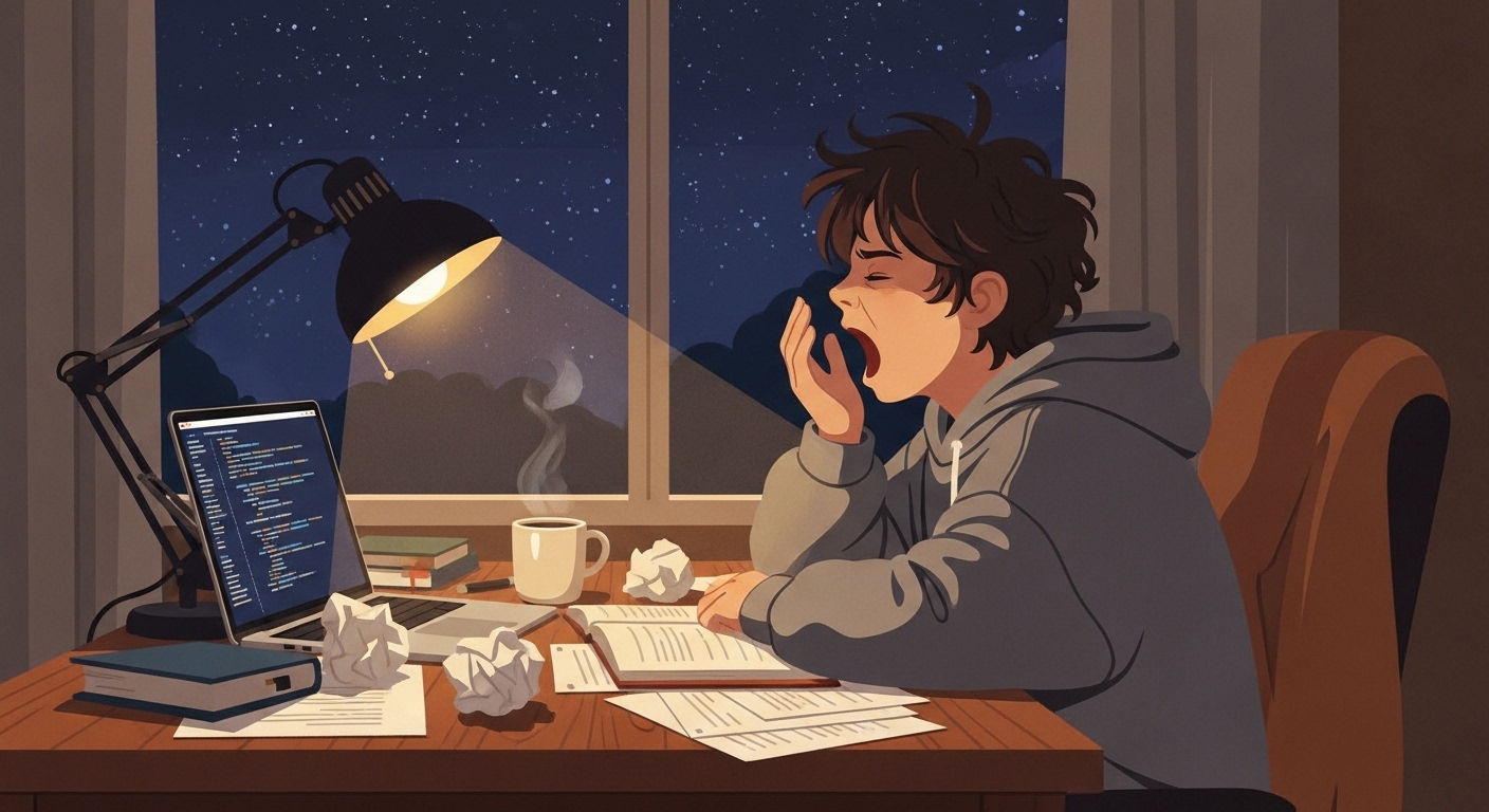 하품을 하며 피곤한 모습으로 밤 늦게 일을 하는 사람의 일러스트.