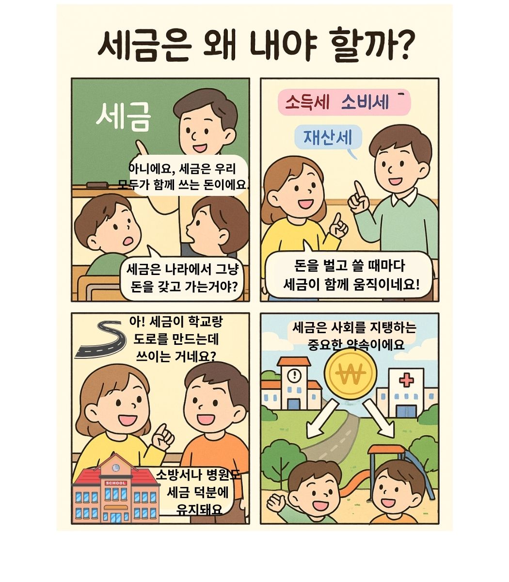 세금은 모두가 함께 쓰는 돈이며 소득세 소비세 재산세 같은 종류가 있고 학교 도로 병원 같은 사회 시설을 유지하는 데 사용된다는 것을 배우는 4컷 경제 교육 만화