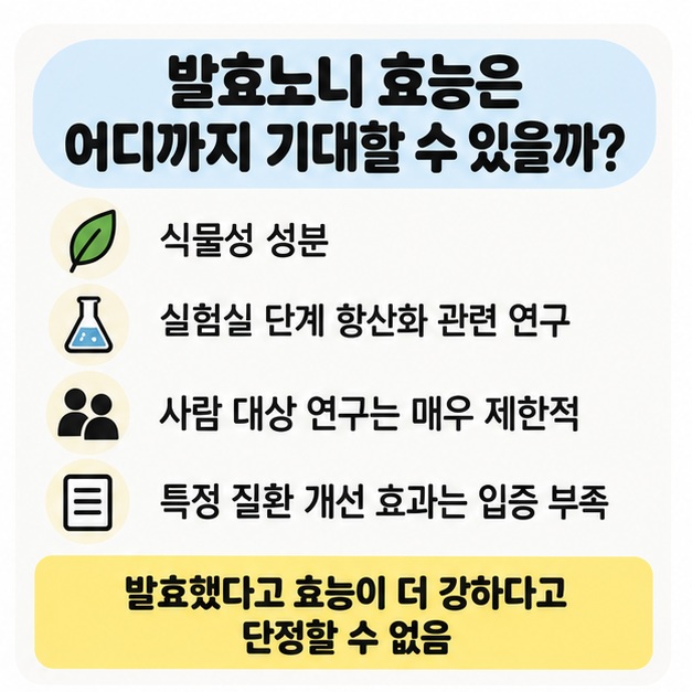 발효노니의 기대 가능한 효능과 사람 대상 근거의 한계를 정리한 카드뉴스