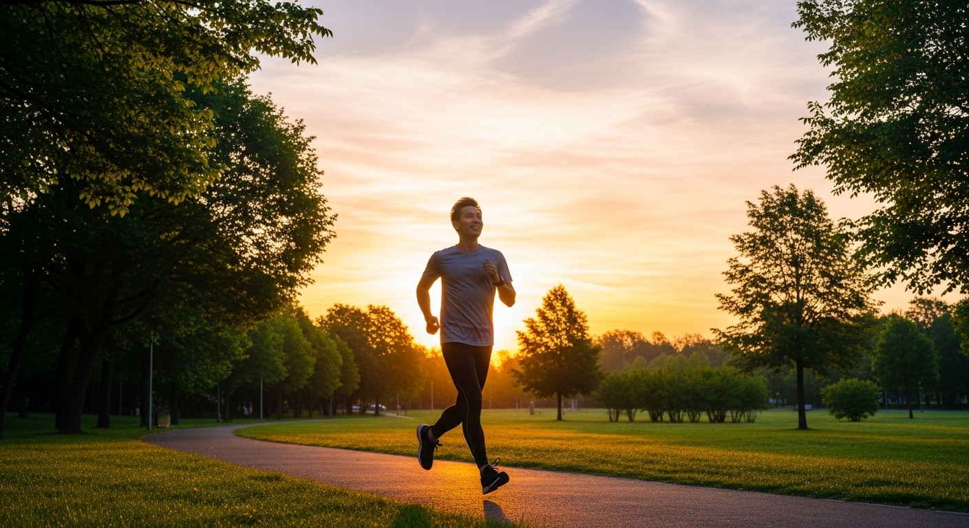 공원에서 조깅을 하거나 건강한 식사를 준비하며 활기찬 건강 루틴을 실천하는 사람.