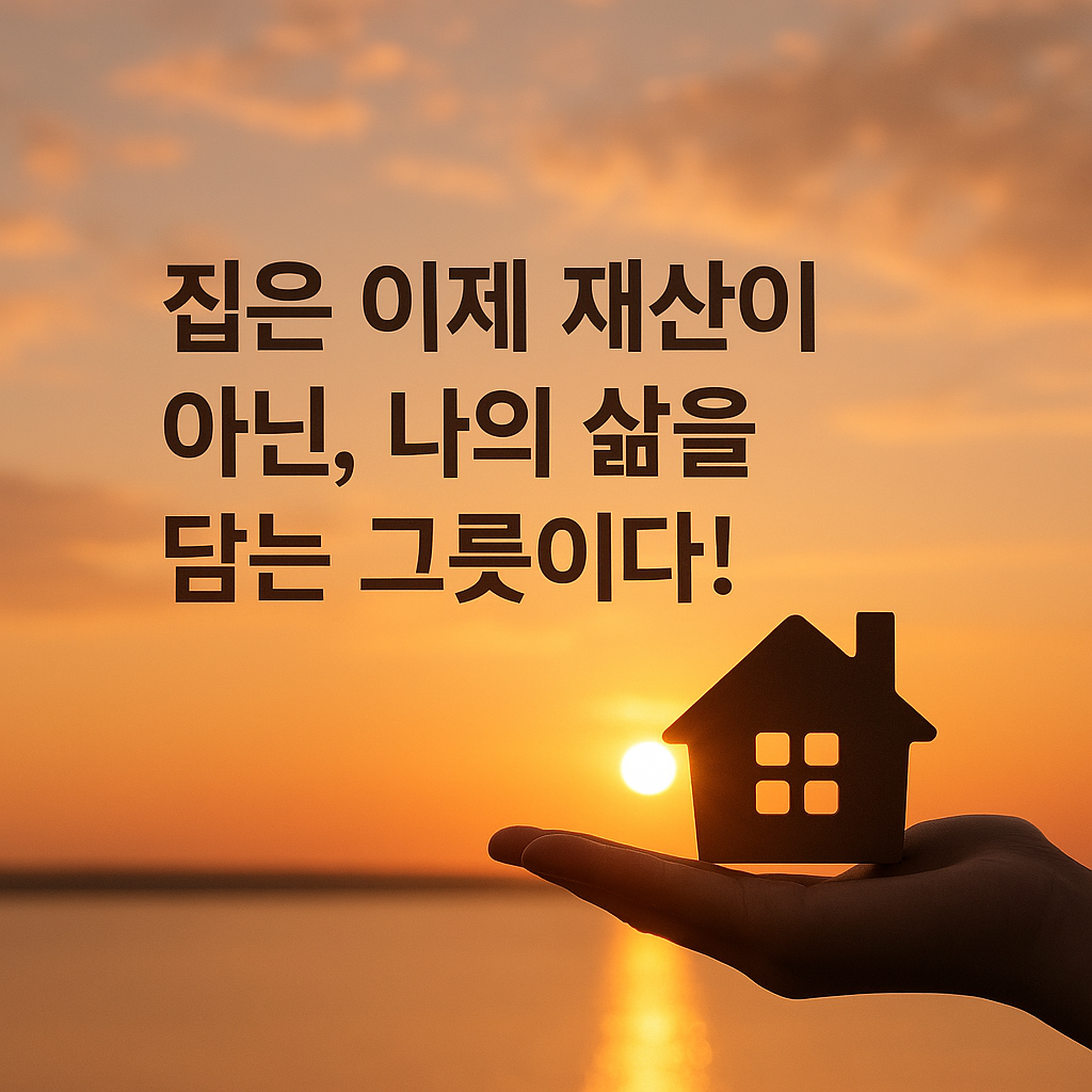 &ldquo;석양을 배경으로 손바닥 위에 작은 집 모형이 놓여 있고, &lsquo;집은 이제 재산이 아닌, 나의 삶을 담는 그릇이다!&rsquo;라는 문구가 적힌 이미지&rdquo;