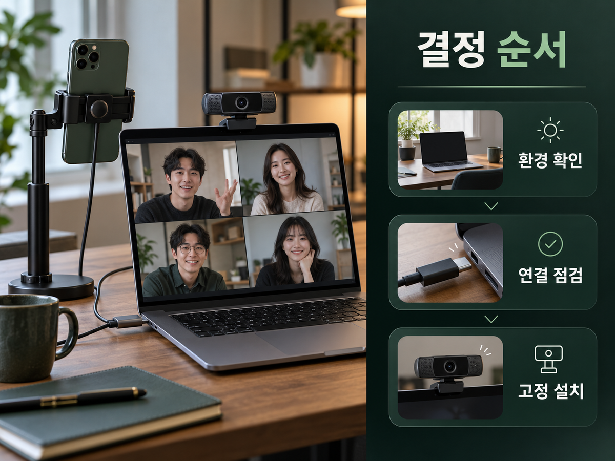 맥북 화상회의 카메라를 환경 확인·연결 점검·고정 설치 순서로 결정하는 설명 이미지
