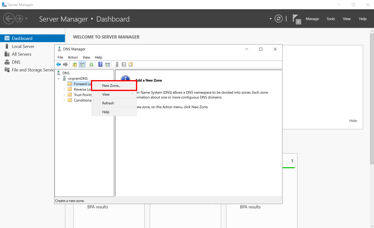 Windows DNS Manager에서 새 Forward Lookup Zone 생성 화면 (corp.local 존 구성)