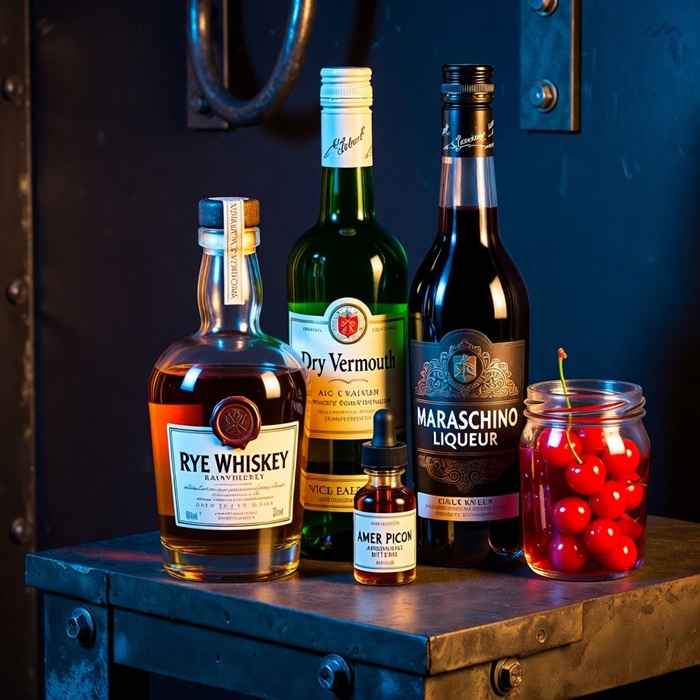 브루클린 칵테일 재료 - 라이 위스키, 드라이 베르무트, 마라스키노 리큐르와 아메르 피콘