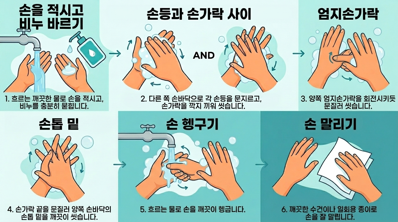 올바른 손 씻기 6단계를 단계별로 설명하는 교육용 일러스트 가이드