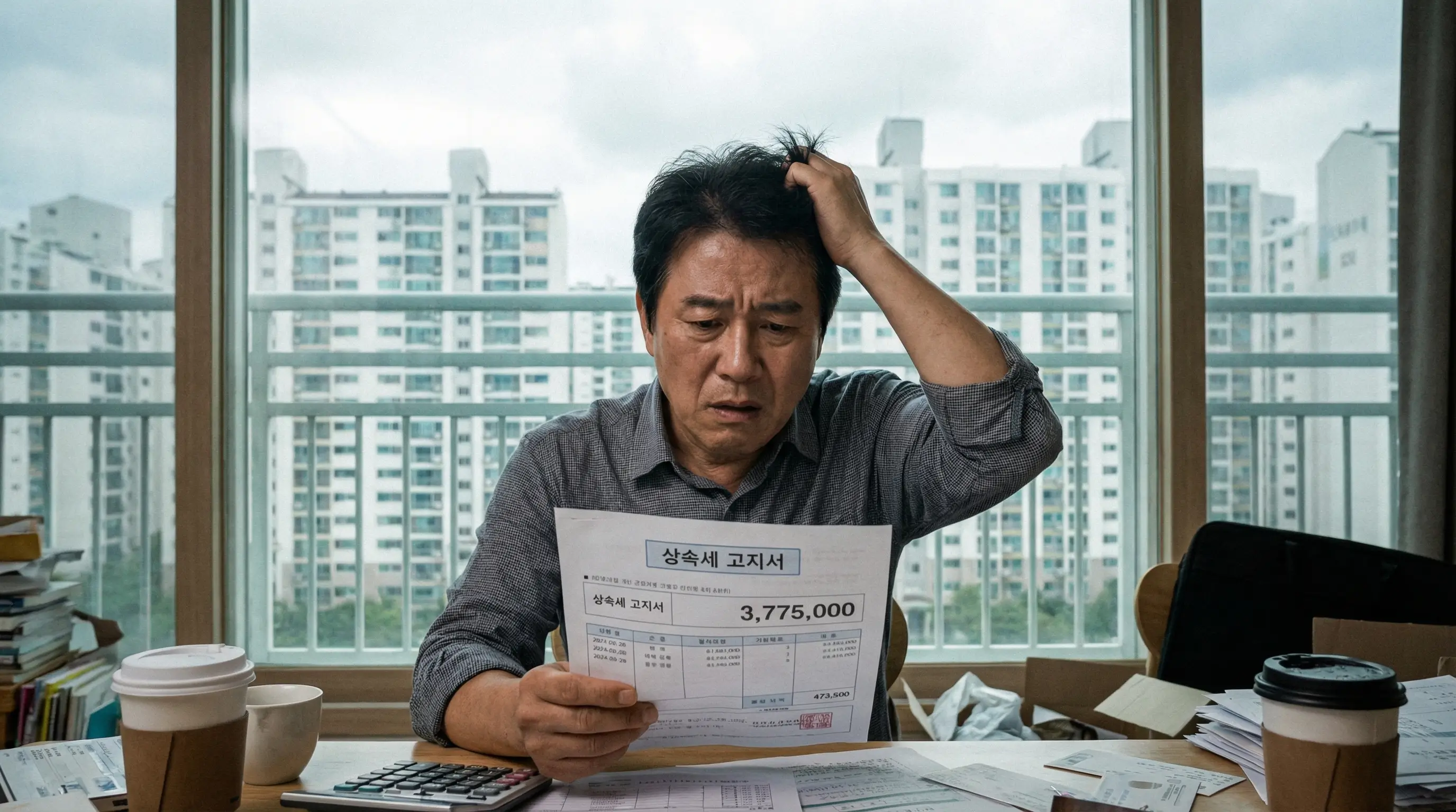 상속세 고지서를 보고 당황하여 계산기를 두드리며 고민하는 상속인의 모습, 배경에는 아파트 단지가 보임