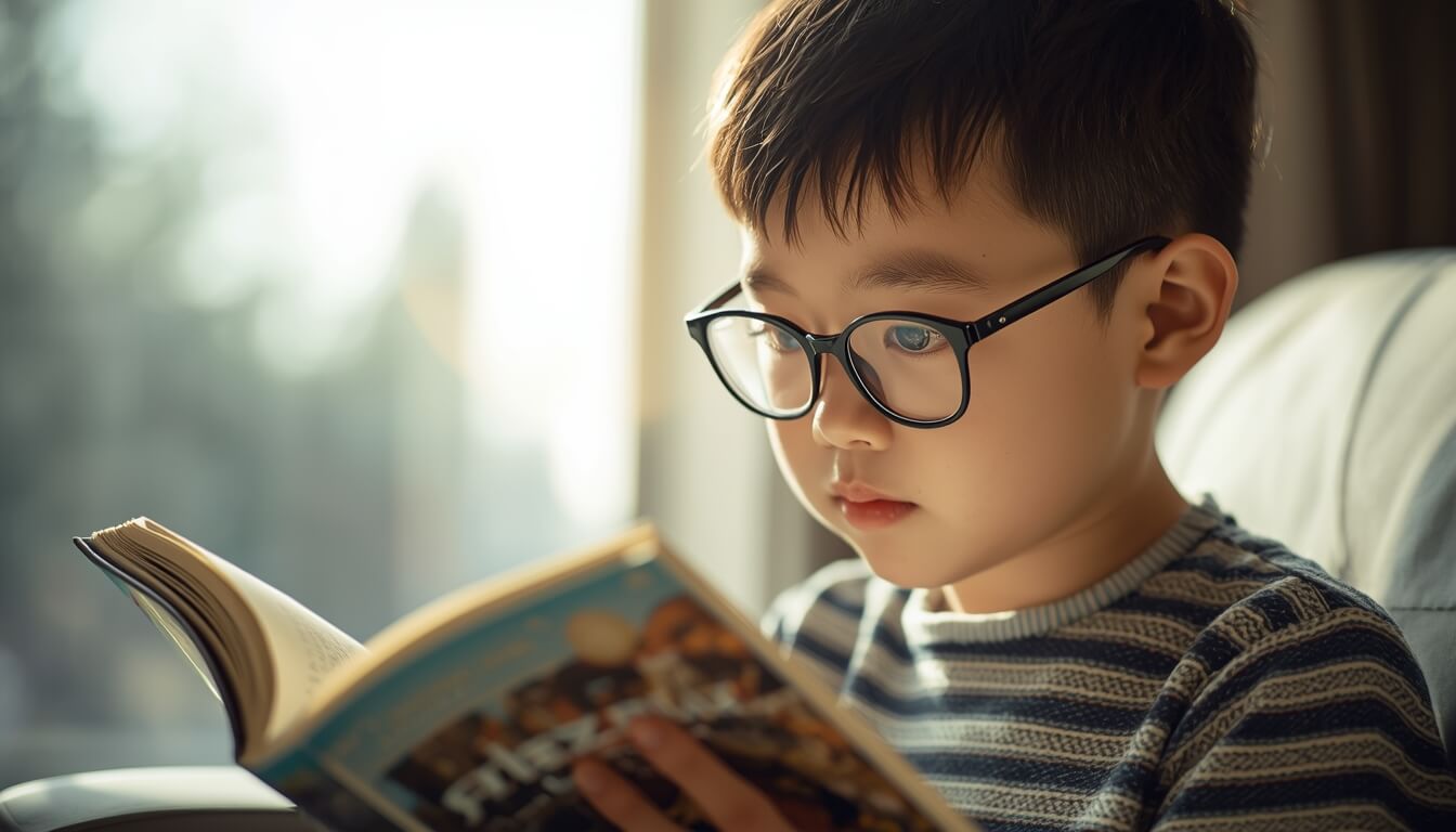 안경을 쓴 8세 남자아이가 햇살이 들어오는 방에서 책을 읽는 모습