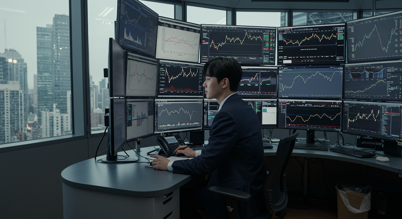 도시 경관이 보이는 세련된 트레이딩룸에서 여러 스크린으로 미국 주식 시장 동향을 분석하는 젊은 투자자