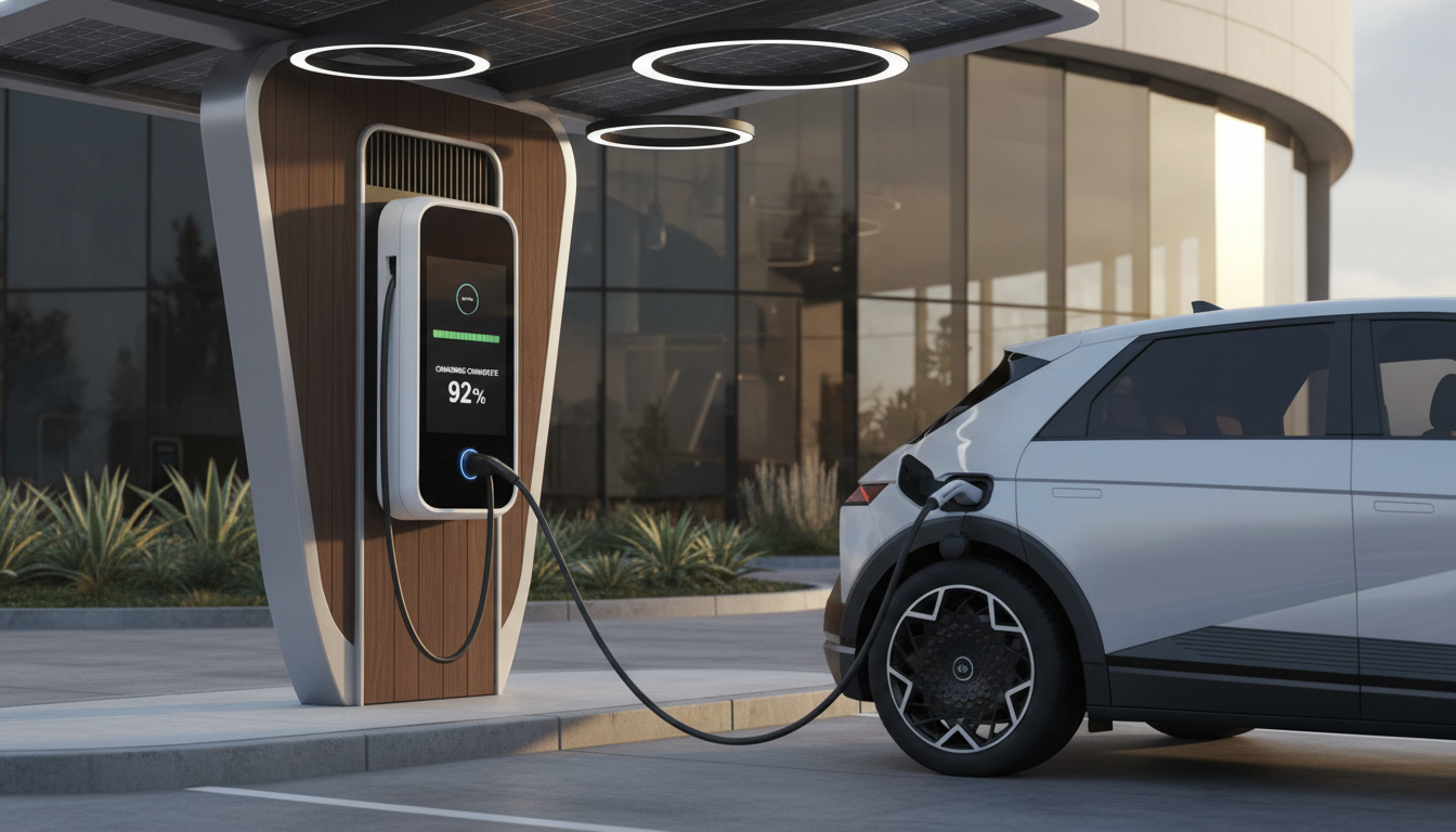 현대 아이오닉V가 최신 전기차 충전소에서 초고속 충전되고 있는 모습, 효율적인 충전 환경을 나타냄.