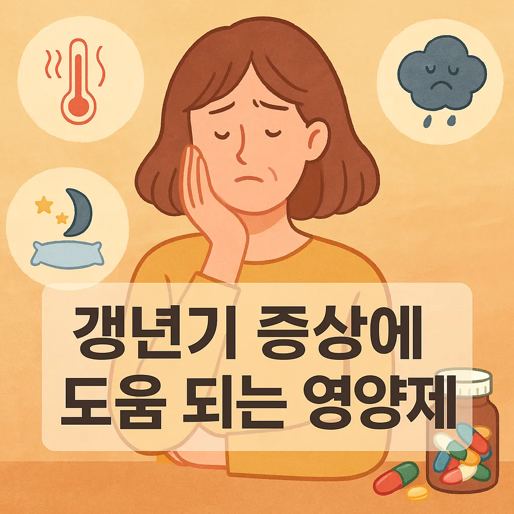 갱년기 증상별 영양제 안내 일러스트 - 열감, 불면, 우울감에 도움이 되는 보충제