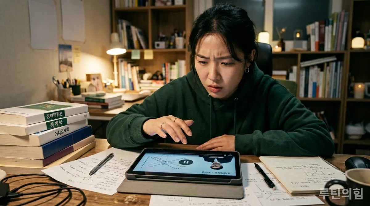 인강을 보며 고민하는 한국인 학생의 모습