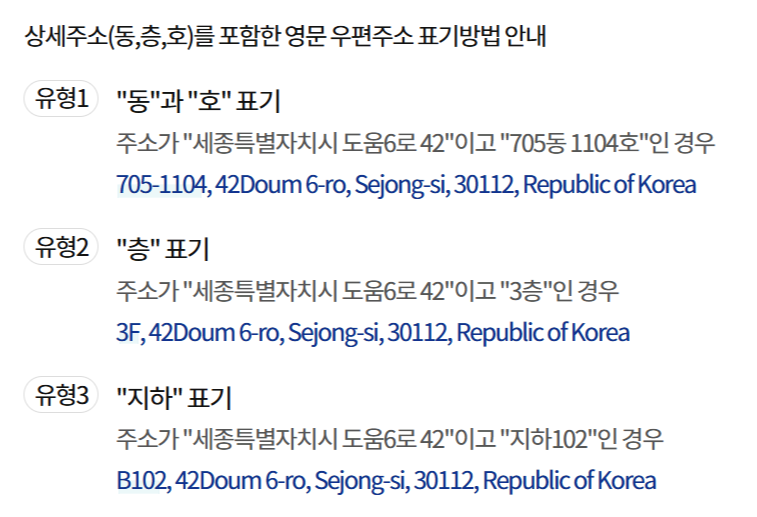 동, 층, 호, 지하 영문표기
