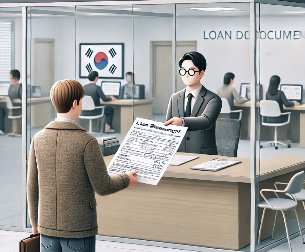 금융기관에서 대출 관련 서류를 제출하는 장면.