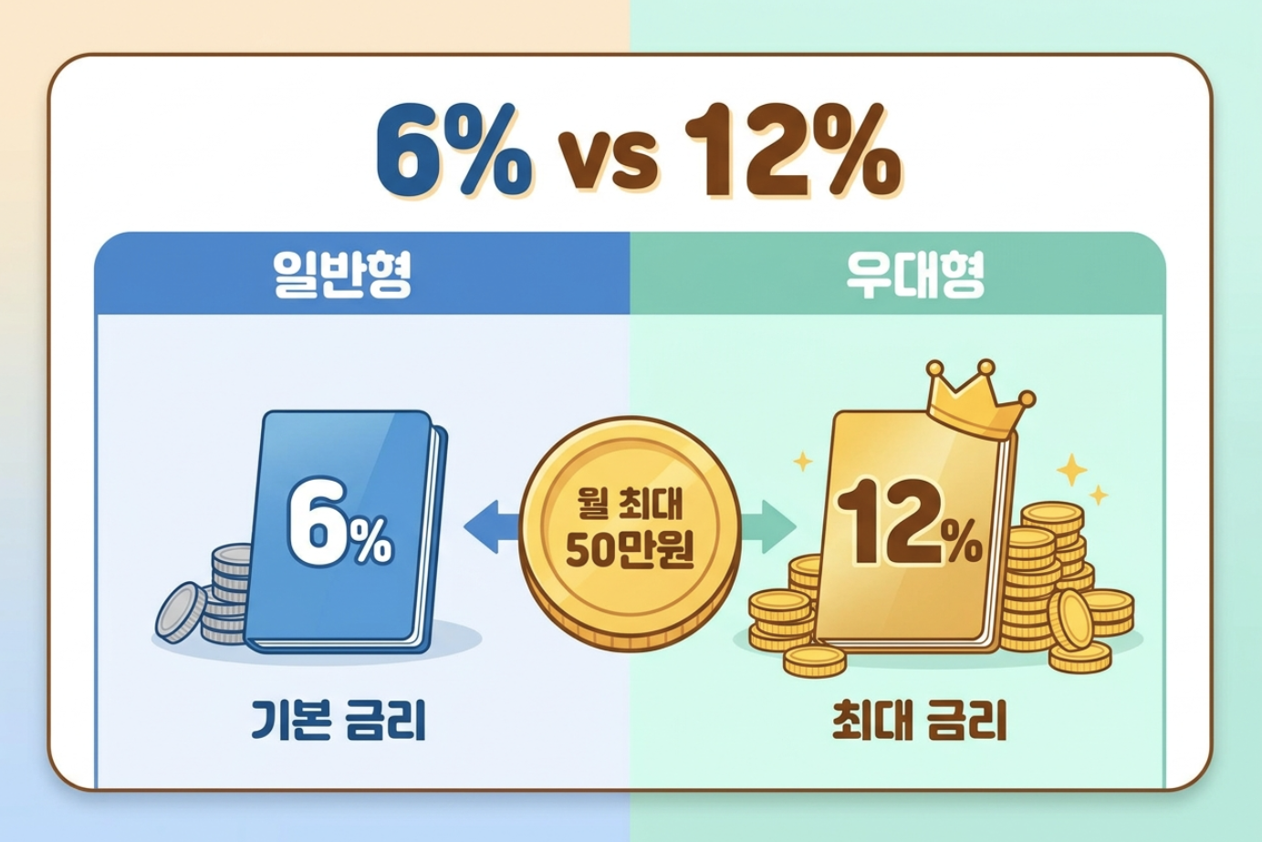 청년미래적금 일반형 6%와 우대형 12% 정부기여금 차이를 비교한 이미지